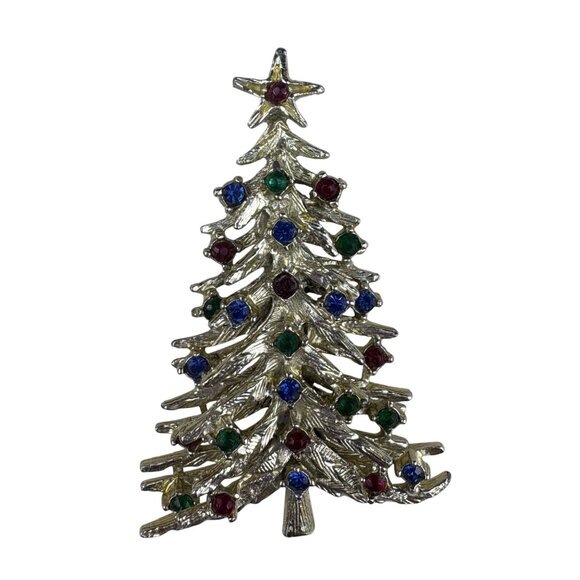 Vintage Gold Tone Christmas Tree Brooch Multicolor Rhinestones Holiday Pin Jewel - Picture 1 of 4